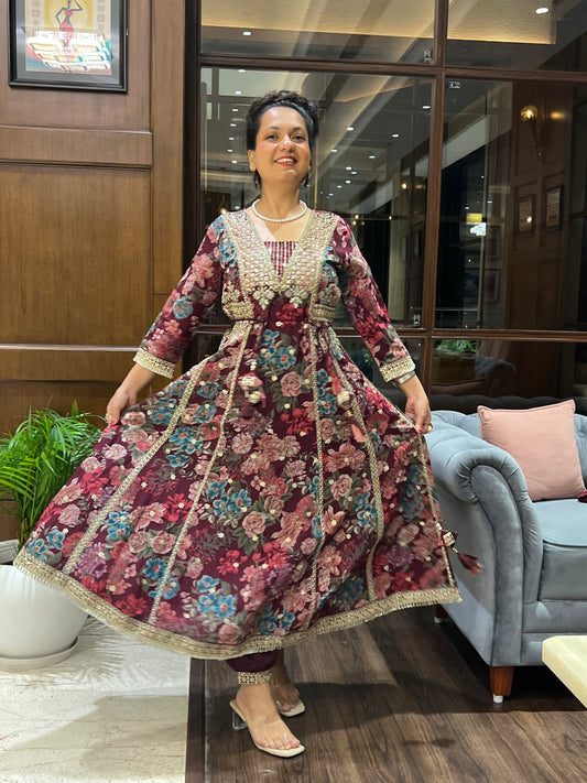 Wine Floral Anarkali Suit Set for Women – Zoya Merlot