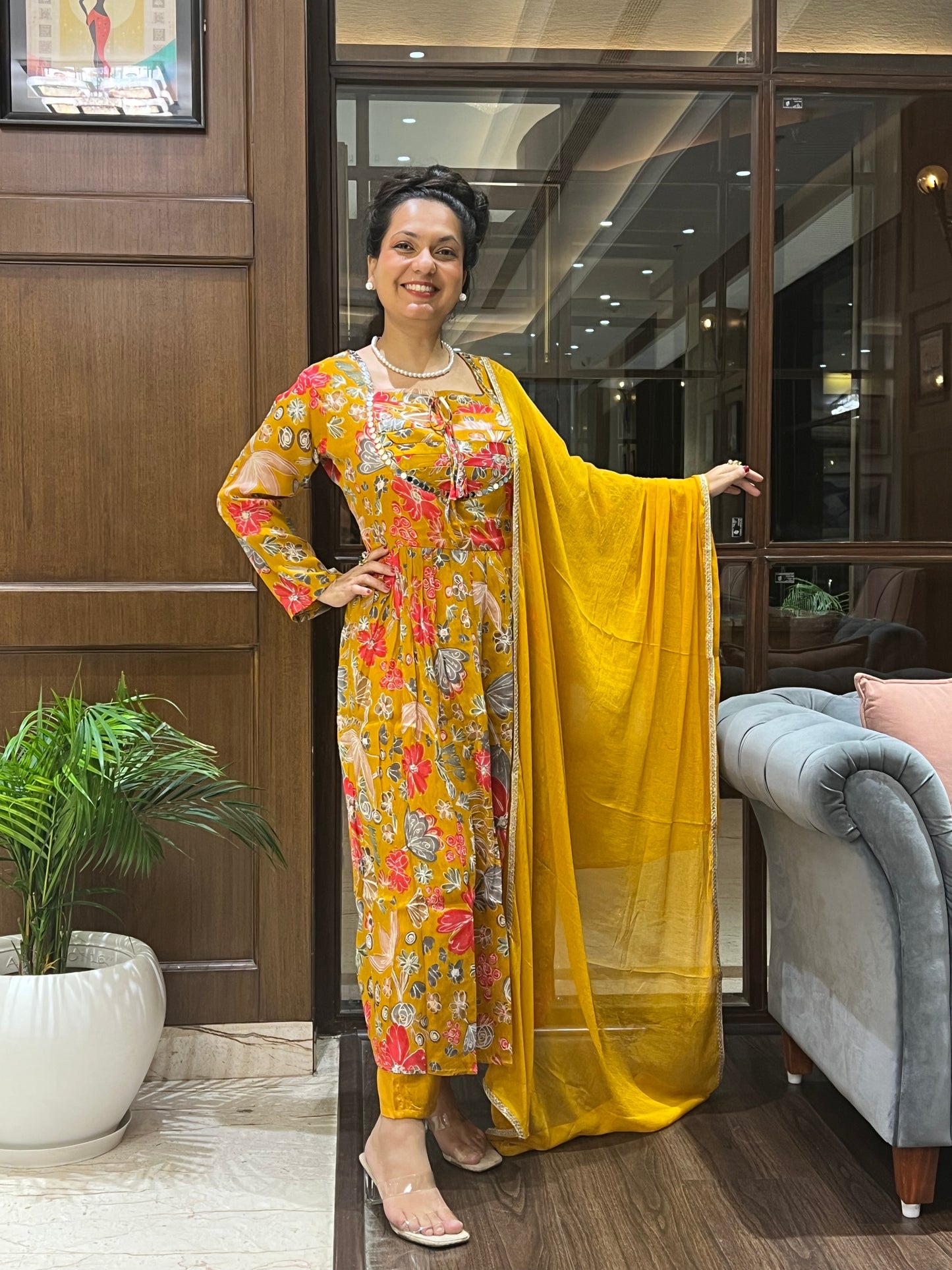 Mustard Floral Aaliya-Cut with Dupatta – Kamala Bloom Aaliya
