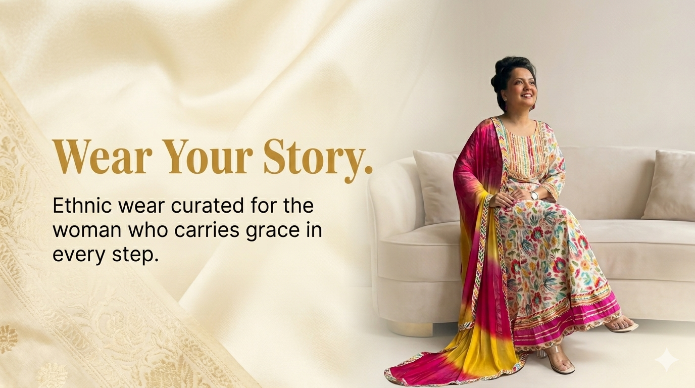 Model wearing a premium handcrafted colorful White Anarkali Indian ethnic suit with multicolour dupatta from Abundance Closet, sitting on a cream couch with text overlay reading 'Wear Your Story