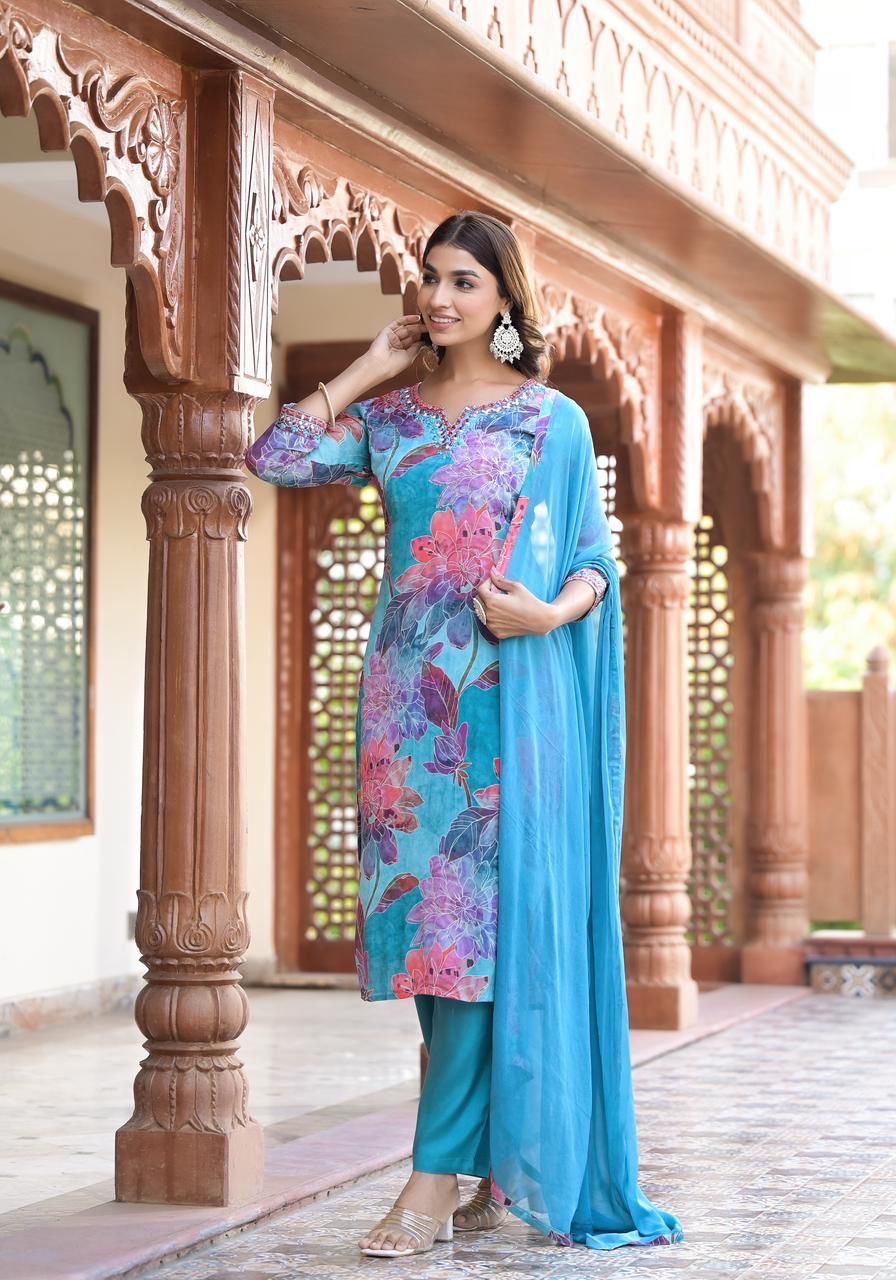 "Floral Print Kurta Set with Dupatta – Sitara Teal"