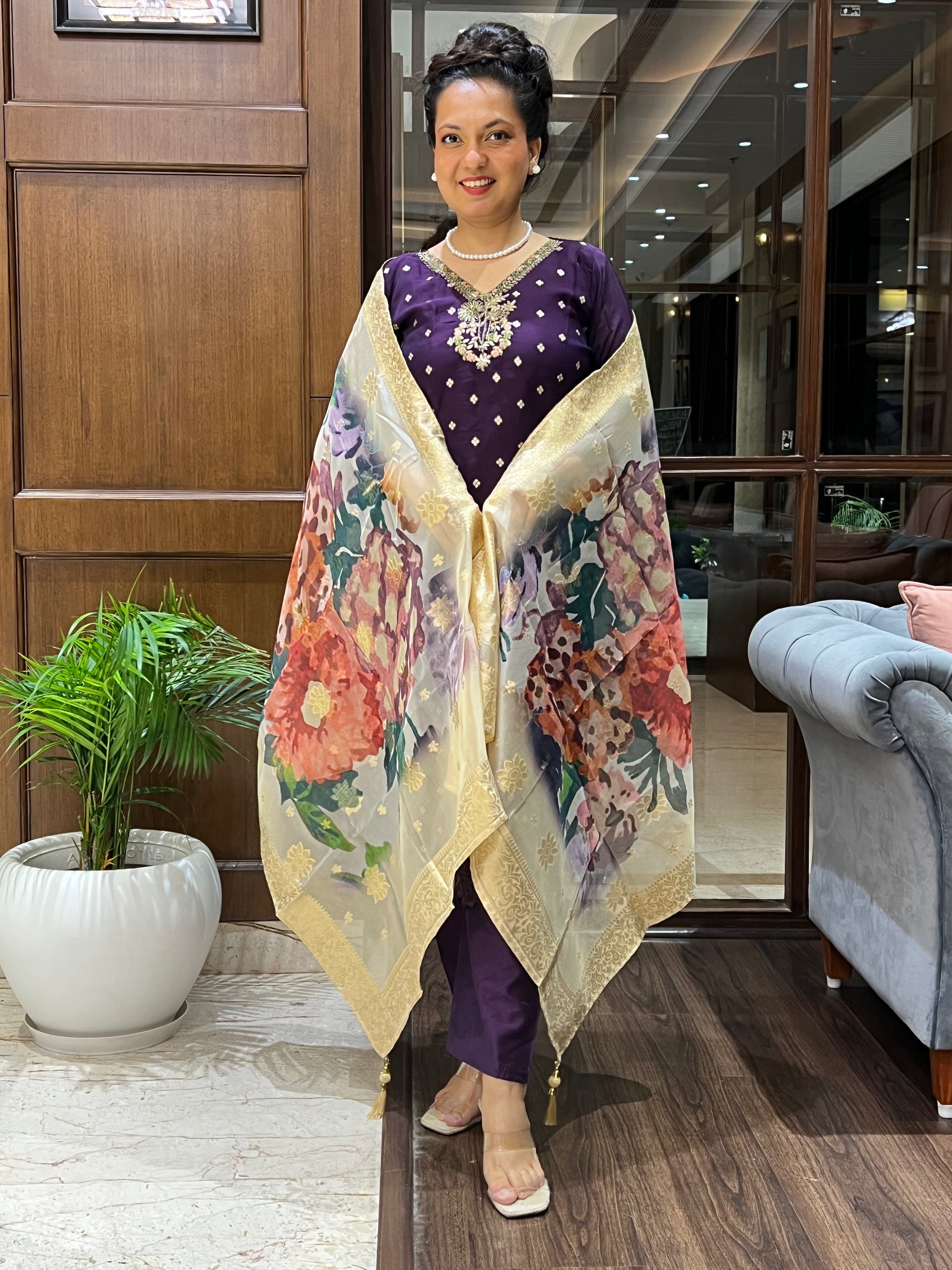 festive purple kurta set with dupatta