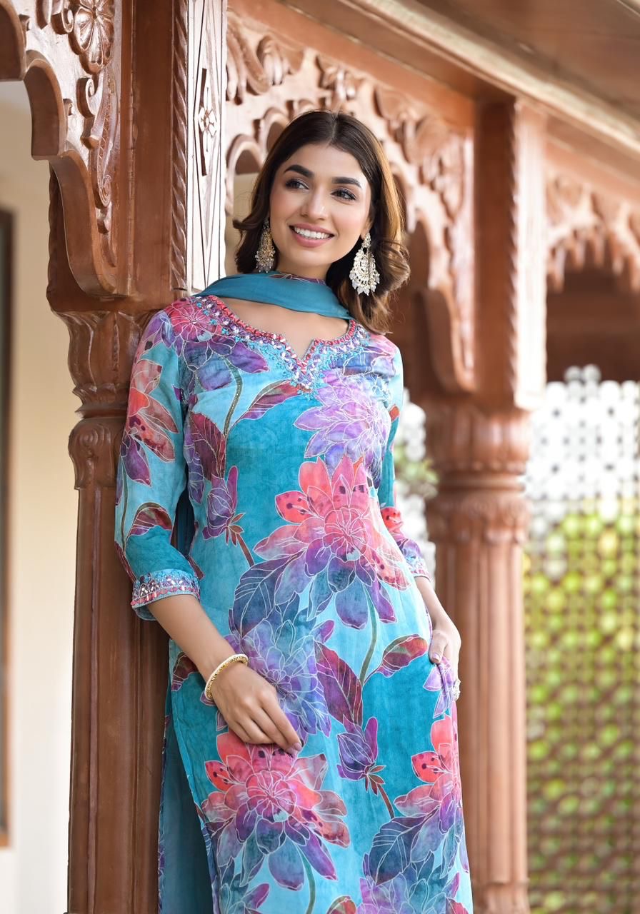 "Floral Print Kurta Set with Dupatta – Sitara Teal"