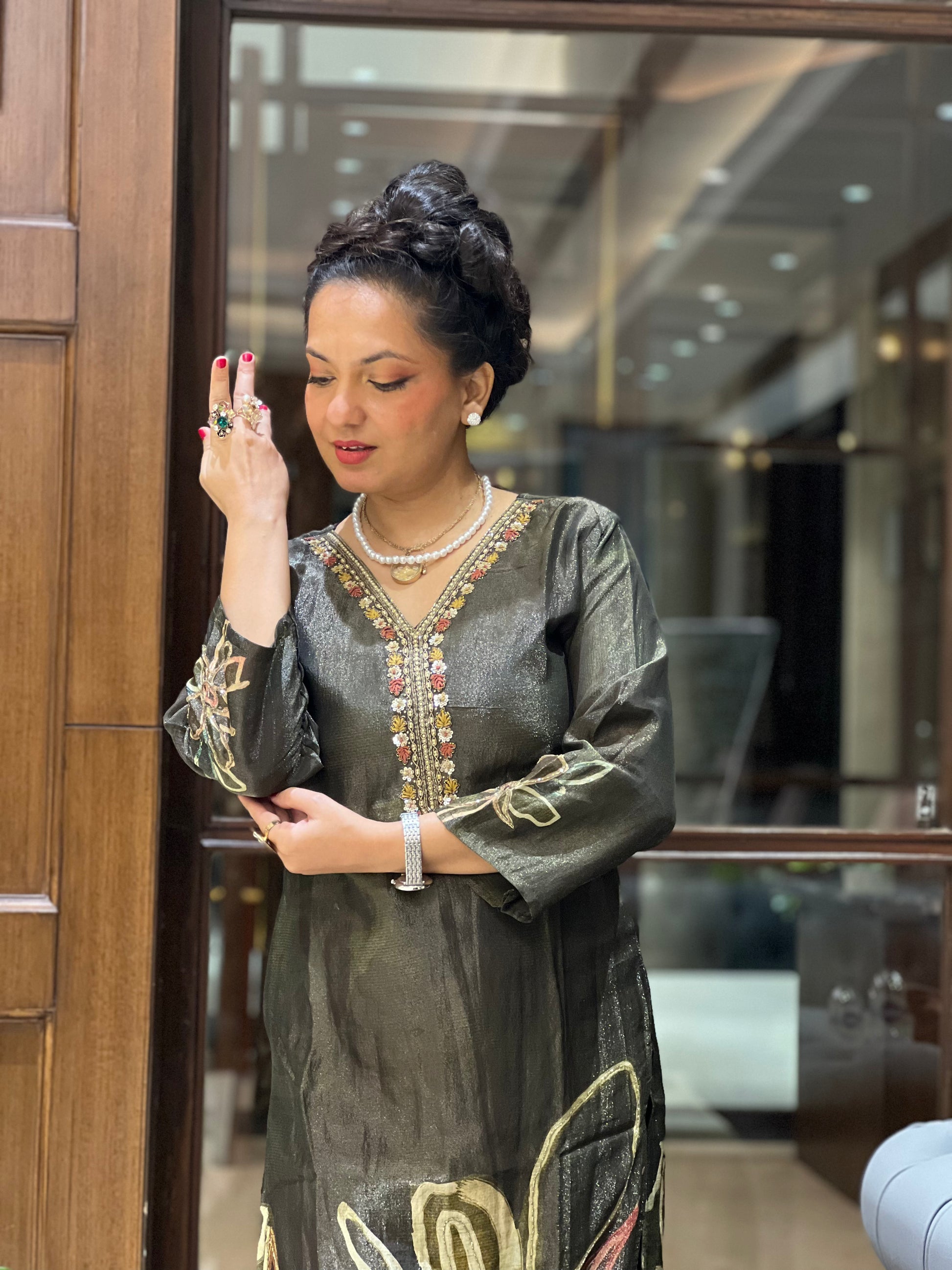 olive green embroidered kurta set for women