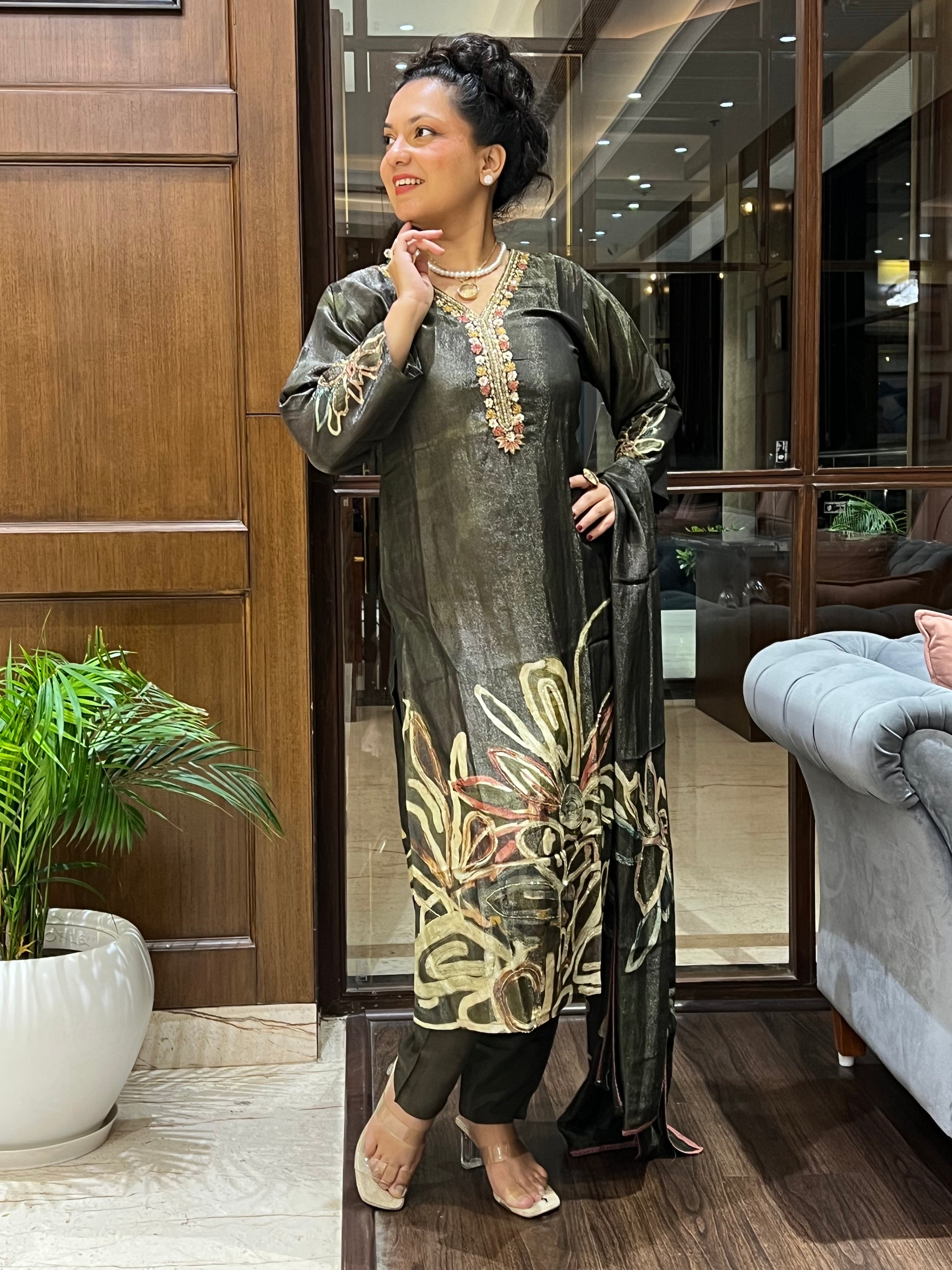 festive olive kurta set with dupatta