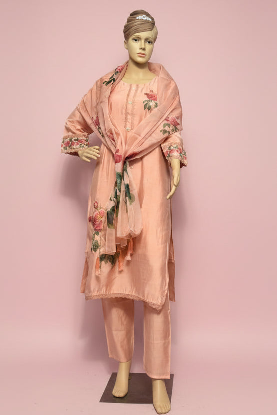 peach floral kurta set with dupatta