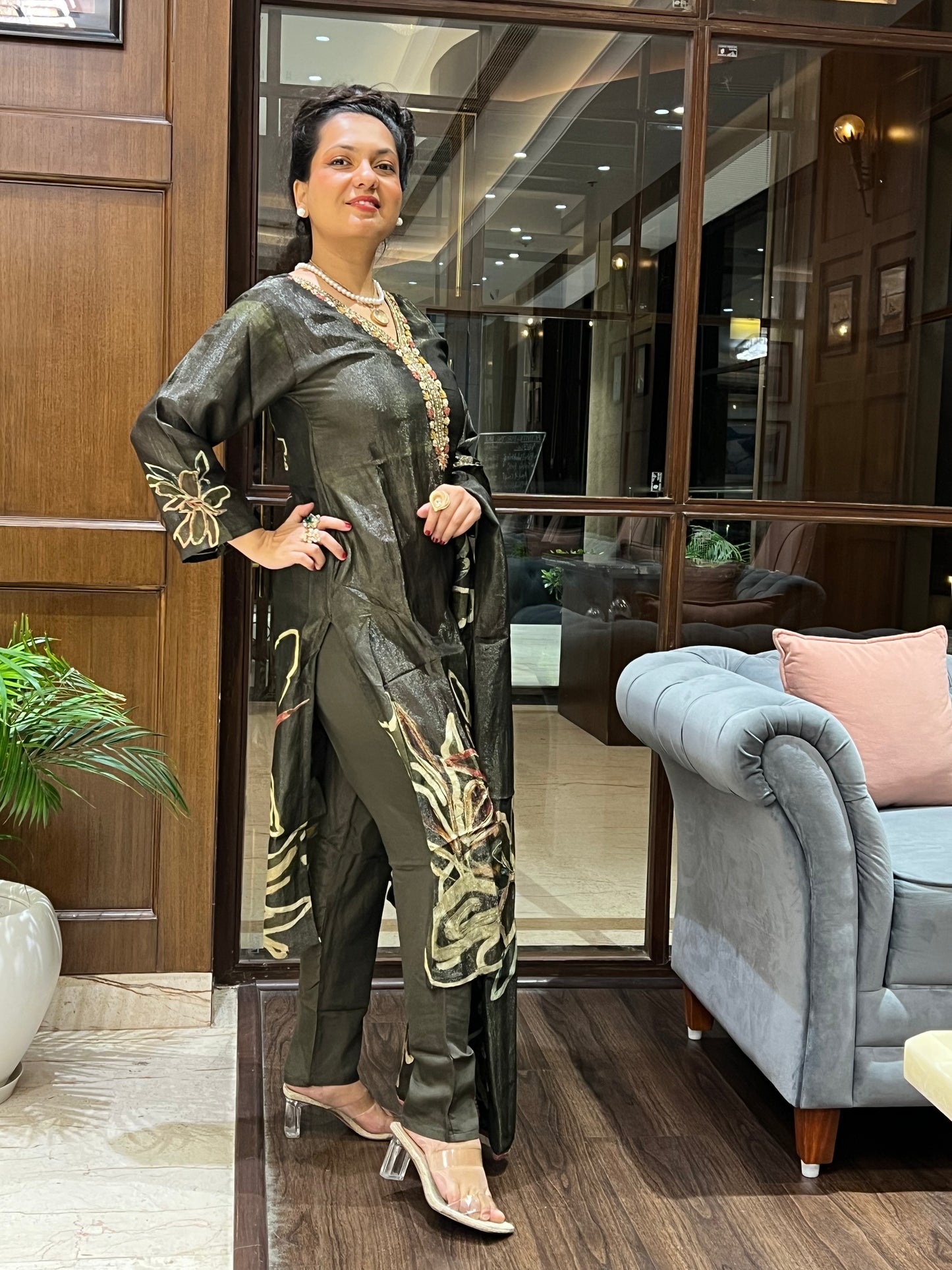 festive olive kurta set with dupatta