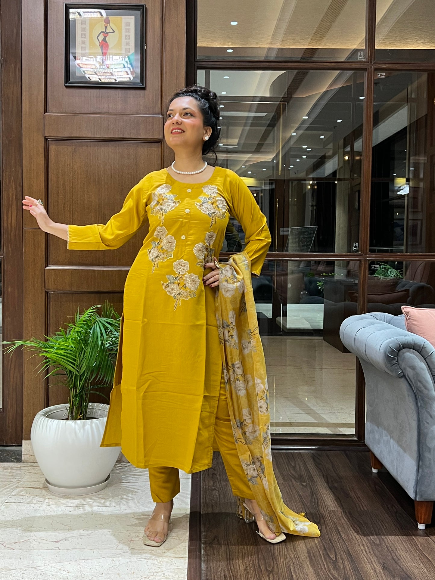 Mustard embroidered kurta set for women with dupatta